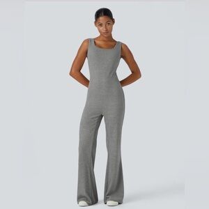 HALARA • Ribbed Knit Square Neck Sleeveless Wide-Leg Casual Jumpsuit - Gray